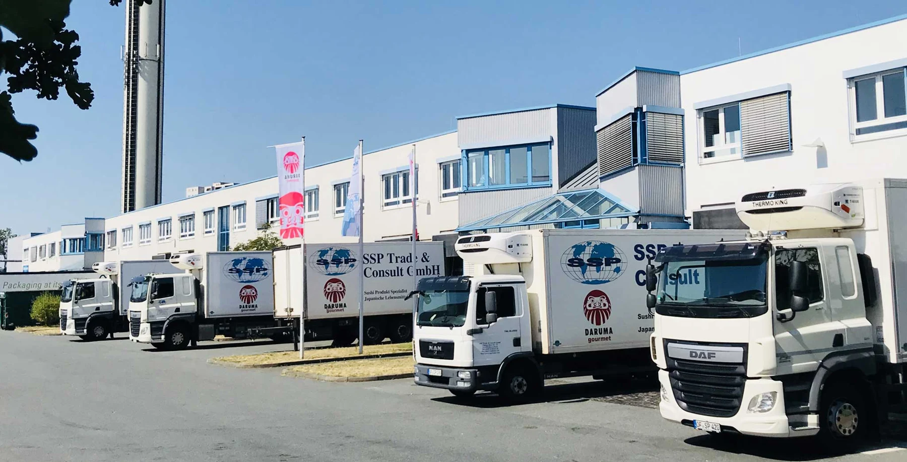 SSP-branded delivery trucks at the company warehouse
